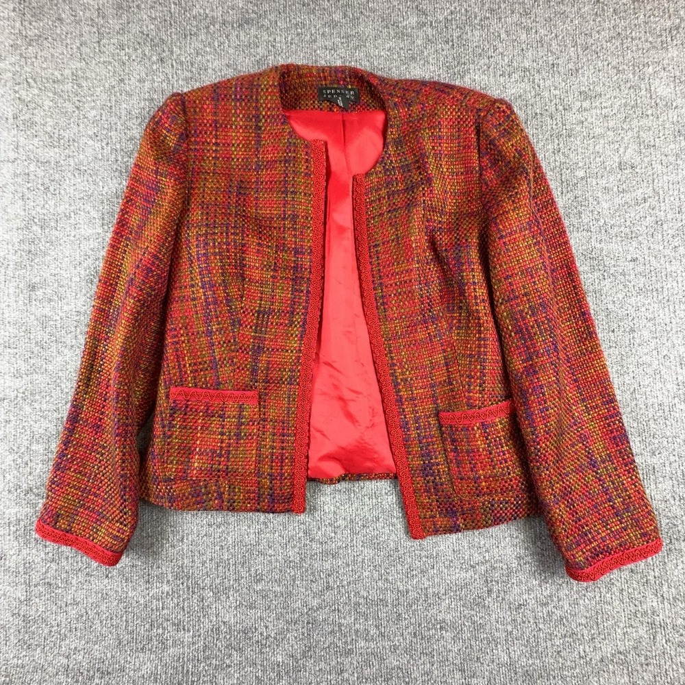 Vintage Spenser Jeremy Jacket Womens Large Red Multicolor Tweed Open Front